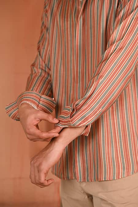 Buy_Baise Gaba_Multi Color Chanderi Striped Mandarin Collar Shirt _Online_at_Aza_Fashions