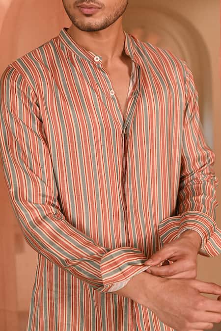 Shop_Baise Gaba_Multi Color Chanderi Striped Mandarin Collar Shirt _Online_at_Aza_Fashions