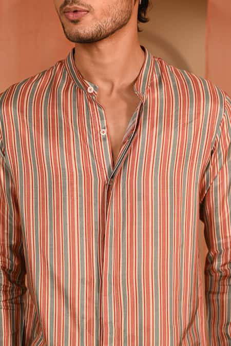 Baise Gaba_Multi Color Chanderi Striped Mandarin Collar Shirt _at_Aza_Fashions