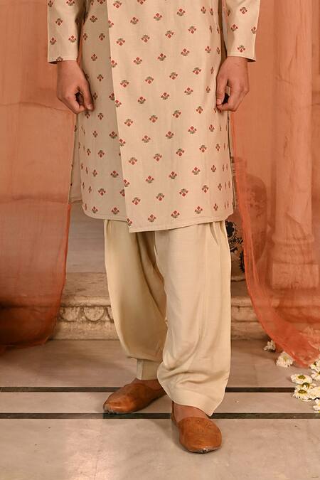 Baise Gaba_Beige Chanderi, Muslin Embroidery Floral Print Angarkha Kurta Set _Online_at_Aza_Fashions