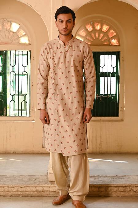 Buy_Baise Gaba_Beige Chanderi, Muslin Embroidery Floral Print Angarkha Kurta Set _Online_at_Aza_Fashions