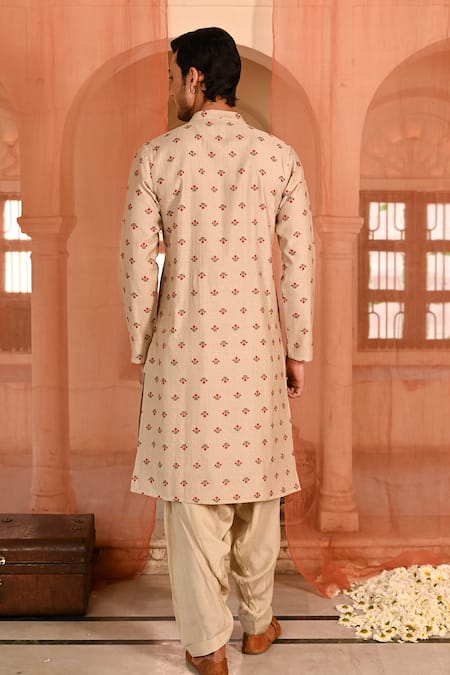 Shop_Baise Gaba_Beige Chanderi, Muslin Embroidery Floral Print Angarkha Kurta Set _at_Aza_Fashions
