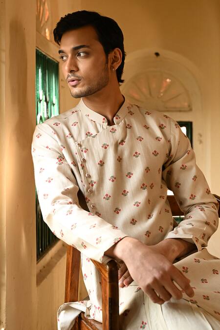 Shop_Baise Gaba_Beige Chanderi, Muslin Embroidery Floral Print Angarkha Kurta Set _Online_at_Aza_Fashions