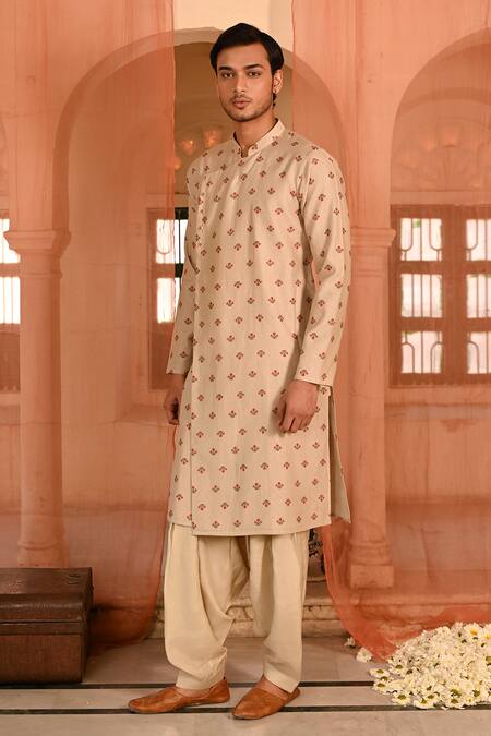 Baise Gaba_Beige Chanderi, Muslin Embroidery Floral Print Angarkha Kurta Set _at_Aza_Fashions