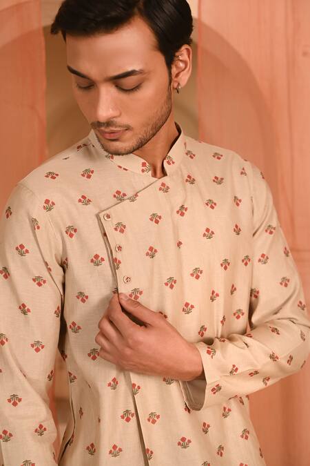 Buy_Baise Gaba_Beige Chanderi, Muslin Embroidery Floral Print Angarkha Kurta Set 