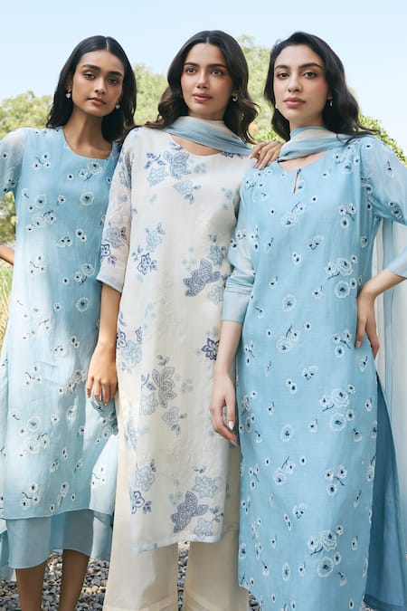 Buy_Vaayu_Sky Blue Cotton, Chiffon Embroidery Round Neck Floral Kurta Set _Online_at_Aza_Fashions