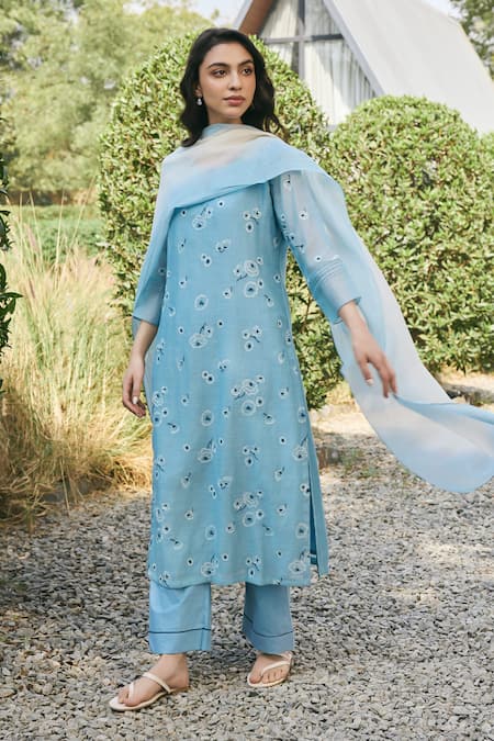Vaayu_Sky Blue Cotton, Chiffon Embroidery Round Neck Floral Kurta Set _at_Aza_Fashions