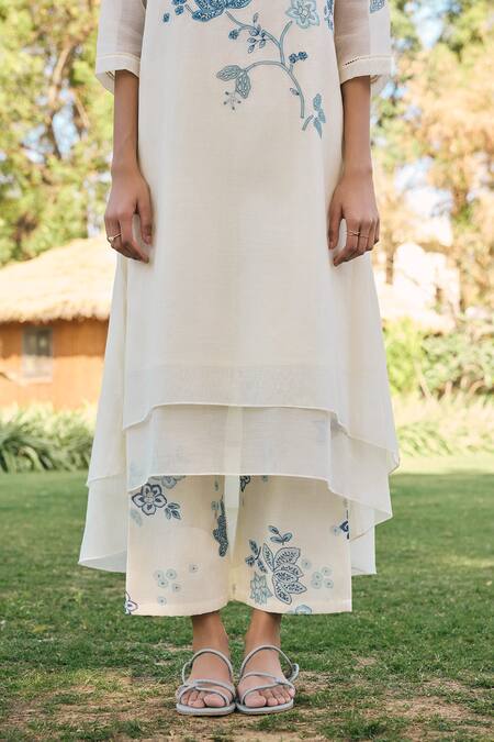 Buy_Vaayu_Off White Muslin, Cotton Embroidery, Applique Round Neck Pearl Co-ord Set _Online_at_Aza_Fashions