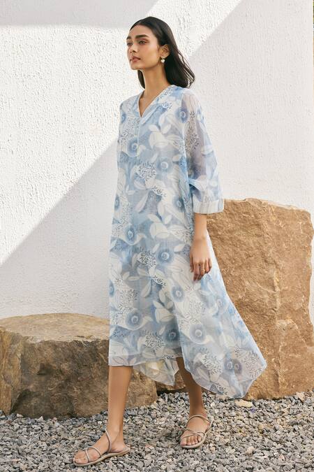 Shop_Vaayu_Blue Muslin, Cotton Embroidery V-neck Powder Printed Midi Dress _Online_at_Aza_Fashions