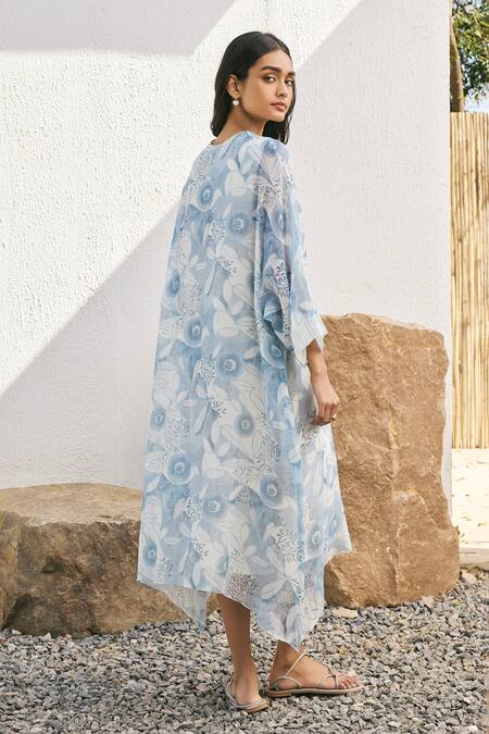 Shop_Vaayu_Blue Muslin, Cotton Embroidery V-neck Powder Printed Midi Dress _at_Aza_Fashions