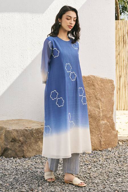 Shop_Vaayu_Blue Muslin, Cotton Embroidery Round Neck Ocean Printed Kurta Set _Online_at_Aza_Fashions