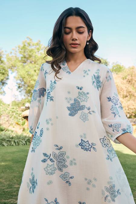 Vaayu_White Muslin, Cotton Embroidery V-neck Floral Print Pearl Midi Dress _Online_at_Aza_Fashions