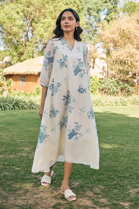 Buy_Vaayu_White Muslin, Cotton Embroidery V-neck Floral Print Pearl Midi Dress _Online_at_Aza_Fashions