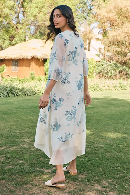 Shop_Vaayu_White Muslin, Cotton Embroidery V-neck Floral Print Pearl Midi Dress _at_Aza_Fashions