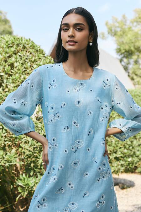 Vaayu_Sky Blue Muslin Embroidery Round Neck Floral Midi Dress _Online_at_Aza_Fashions
