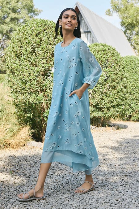 Buy_Vaayu_Sky Blue Muslin Embroidery Round Neck Floral Midi Dress _Online_at_Aza_Fashions