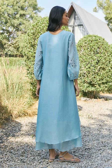 Shop_Vaayu_Sky Blue Muslin Embroidery Round Neck Floral Midi Dress _at_Aza_Fashions