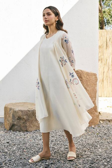 Shop_Vaayu_White Muslin Applique Open Neck Pearl Jacket Dress _at_Aza_Fashions