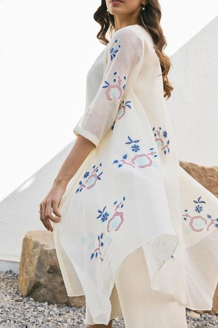 Buy_Vaayu_White Muslin Applique Open Neck Pearl Jacket Dress _Online_at_Aza_Fashions