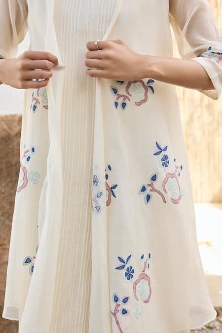 Shop_Vaayu_White Muslin Applique Open Neck Pearl Jacket Dress _Online_at_Aza_Fashions