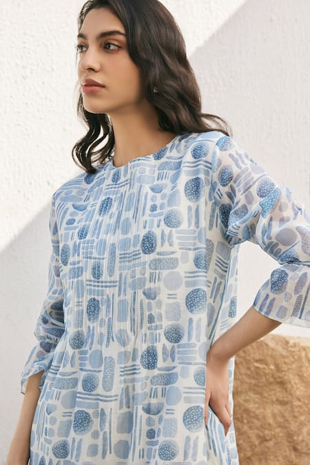 Shop_Vaayu_Blue Muslin, Cotton Embroidery Round Neck Floral Printed Powder Co-ord Set _Online_at_Aza_Fashions