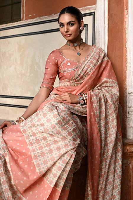 Shop_Baise Gaba_Peach Cotton Embroidery Jal Jharokha Printed Saree Set _Online_at_Aza_Fashions