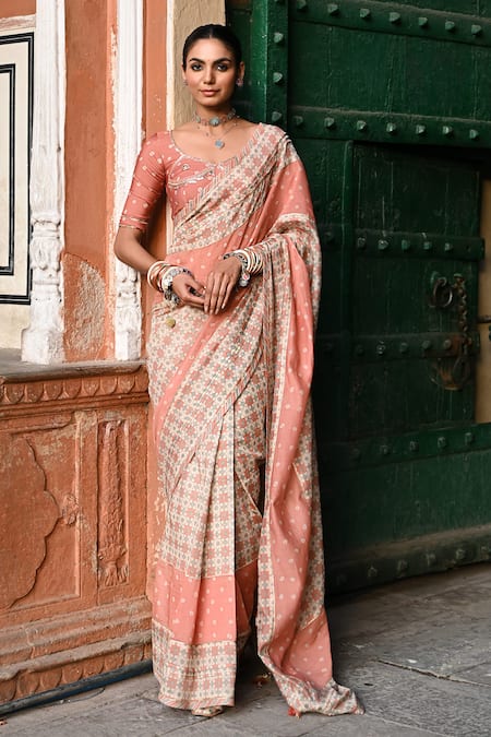 Baise Gaba_Peach Cotton Embroidery Jal Jharokha Printed Saree Set _at_Aza_Fashions