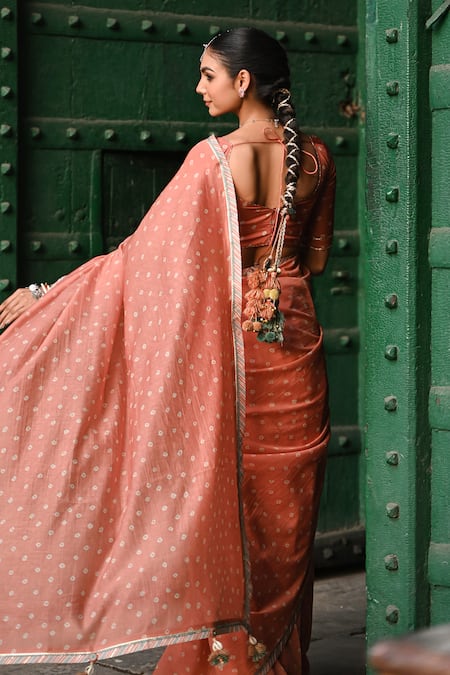 Baise Gaba_Orange Sequins, Tassels Bandhej Saree With Unstitched Blouse Piece _Online_at_Aza_Fashions