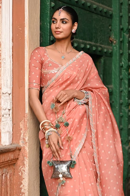 Shop_Baise Gaba_Orange Sequins, Tassels Bandhej Saree With Unstitched Blouse Piece _Online_at_Aza_Fashions