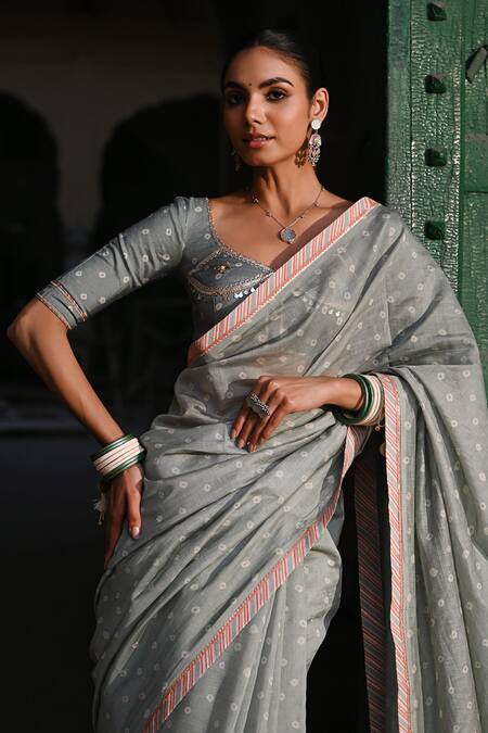 Baise Gaba_Gray Cotton Gota Patti, Bandhej Embroidered Saree With Unstitched Blouse Piece _Online_at_Aza_Fashions