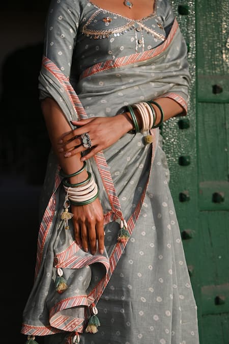 Shop_Baise Gaba_Gray Cotton Gota Patti, Bandhej Embroidered Saree With Unstitched Blouse Piece _Online_at_Aza_Fashions