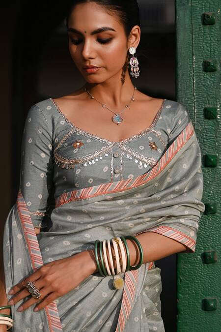 Buy_Baise Gaba_Gray Cotton Gota Patti, Bandhej Embroidered Saree With Unstitched Blouse Piece 