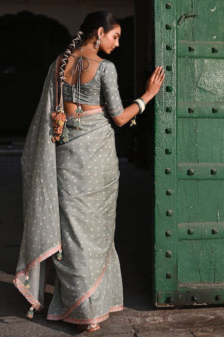 Shop_Baise Gaba_Gray Cotton Gota Patti, Bandhej Embroidered Saree With Unstitched Blouse Piece _at_Aza_Fashions