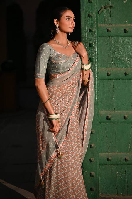 Shop_Baise Gaba_Green Embroidery Round Neck Designer Printed Saree With Unstitched Blouse _Online_at_Aza_Fashions