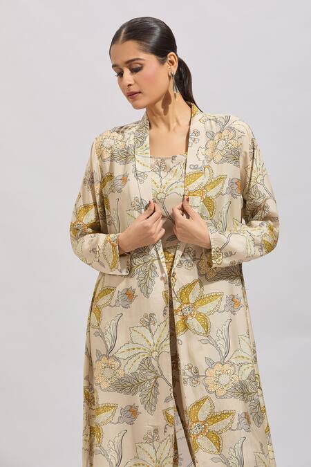 Shop_Samyukta Singhania_Cream Cotton Open , Round Printed Crop Top And Jacket Set_Online_at_Aza_Fashions