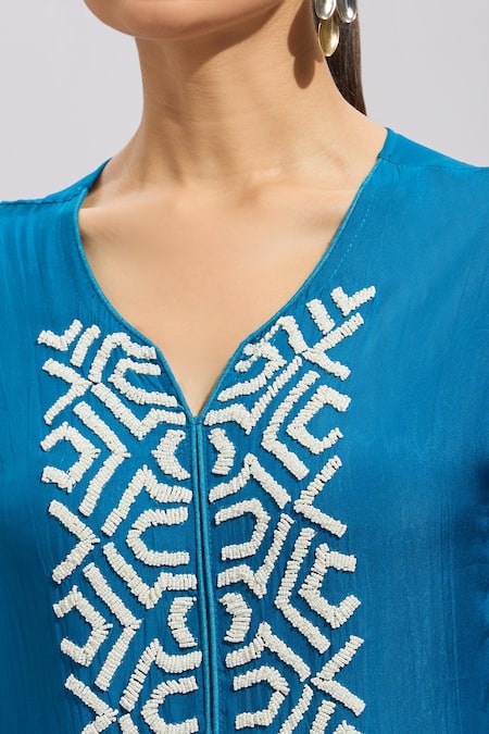 Buy Naintara Bajaj Blue Polyester Pearls V-neck Embroidered Kurta Set Buy_Naintara Bajaj_Blue Polyester Pearls V-neck Embroidered Kurta Set