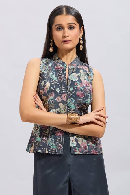 Samyukta Singhania Gray Cotton Embroidery Round Neck Aari Work Jacket And Flared Palazzo Set Online at Aza Fashions Samyukta Singhania_Gray Cotton Embroidery Round Neck Aari Work Jacket And Flared Palazzo Set_Online_at_Aza_Fashions