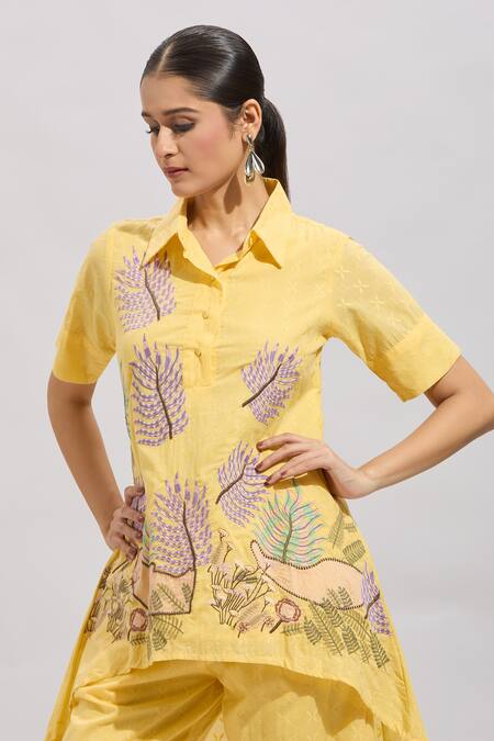 Naintara Bajaj_Yellow Cotton Embroidery Collared Shirt Kurta Set _Online_at_Aza_Fashions