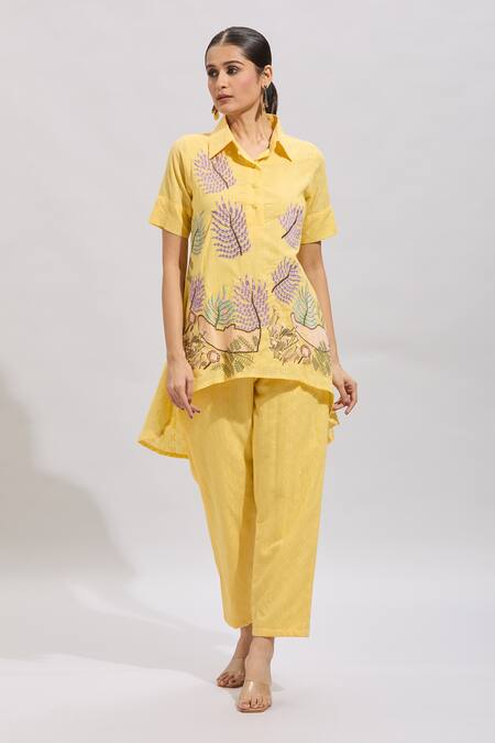 Buy_Naintara Bajaj_Yellow Cotton Embroidery Collared Shirt Kurta Set _Online_at_Aza_Fashions