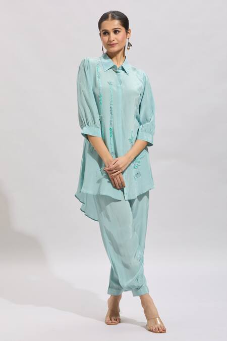 Buy_Samyukta Singhania_Blue Applique Collared Kurta Set _Online_at_Aza_Fashions