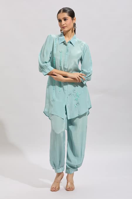 Shop_Samyukta Singhania_Blue Applique Collared Kurta Set _Online_at_Aza_Fashions