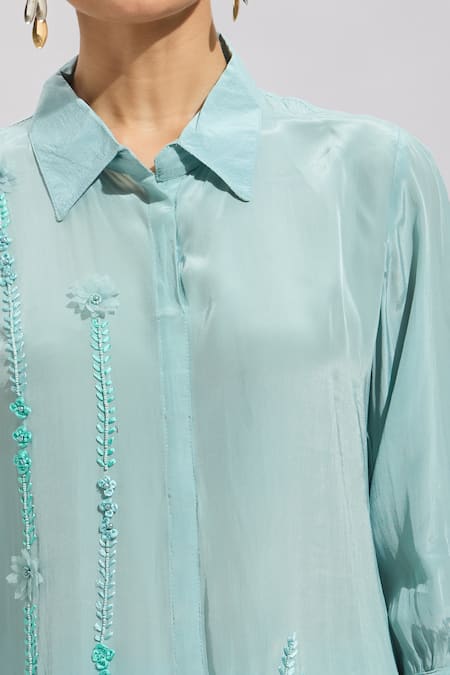 Shop_Samyukta Singhania_Blue Applique Collared Kurta Set 