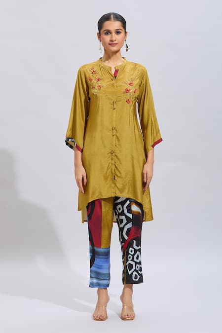 Shop_Naintara Bajaj_Yellow Muslin Embroidery Mandarin Collar Kurta And Printed Pant Set _Online_at_Aza_Fashions