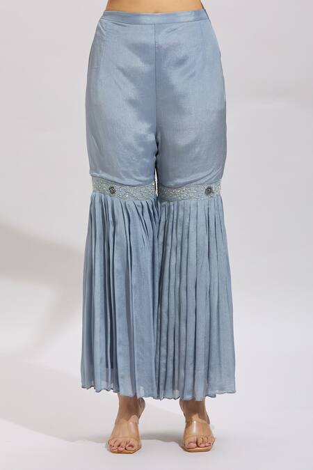 Samyukta Singhania_Blue Silk Embroidery, Beads Round Neck Hand Kurta Set_Online_at_Aza_Fashions