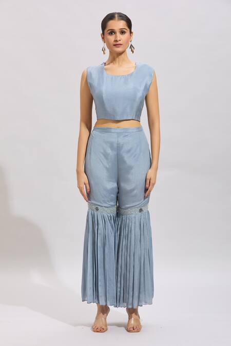 Buy_Samyukta Singhania_Blue Silk Embroidery, Beads Round Neck Hand Kurta Set_Online_at_Aza_Fashions