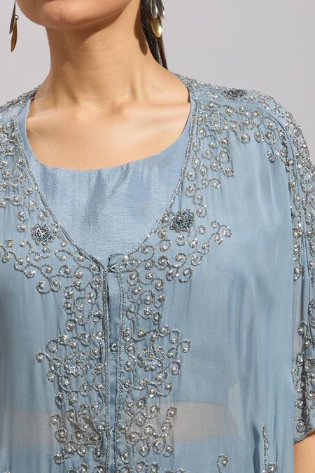 Shop_Samyukta Singhania_Blue Silk Embroidery, Beads Round Neck Hand Kurta Set_Online_at_Aza_Fashions