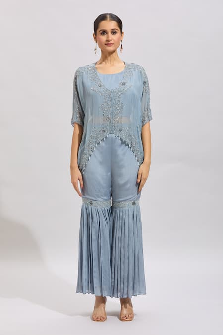 Samyukta Singhania_Blue Silk Embroidery, Beads Round Neck Hand Kurta Set_at_Aza_Fashions