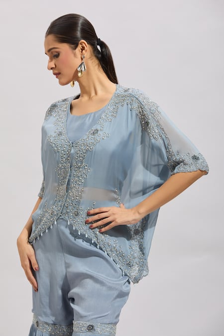 Buy_Samyukta Singhania_Blue Silk Embroidery, Beads Round Neck Hand Kurta Set