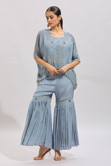 Shop_Samyukta Singhania_Blue Silk Embroidery, Beads Round Neck Hand Kurta Set