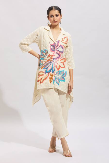 Shop Samyukta Singhania Multi Color Cotton Embroidery Collared Kurta Set Online at Aza Fashions Shop_Samyukta Singhania_Multi Color Cotton Embroidery Collared Kurta Set_Online_at_Aza_Fashions